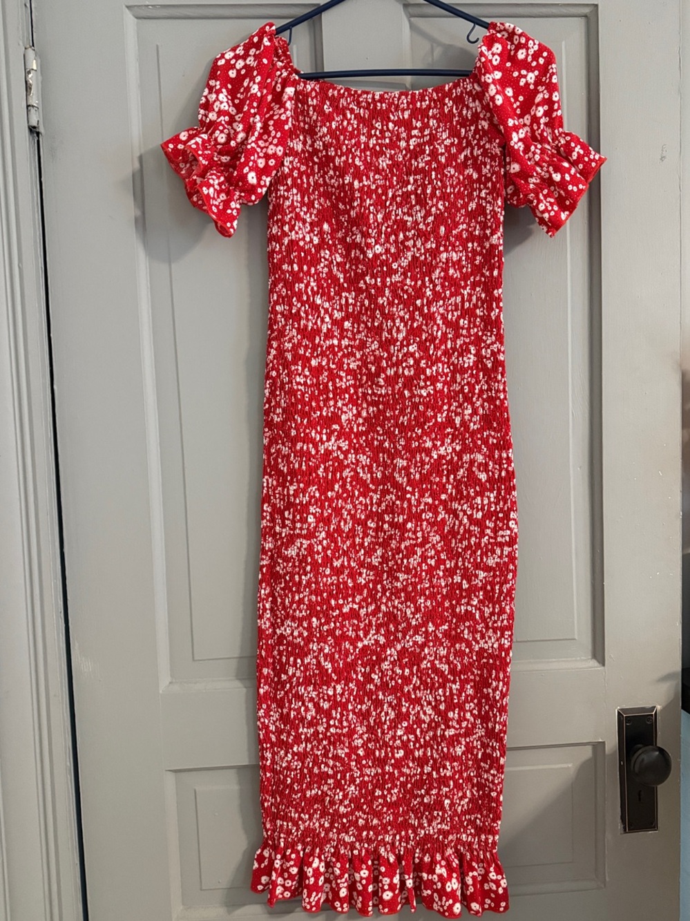 Red Floral Smocked Dress with Ruffle Hem